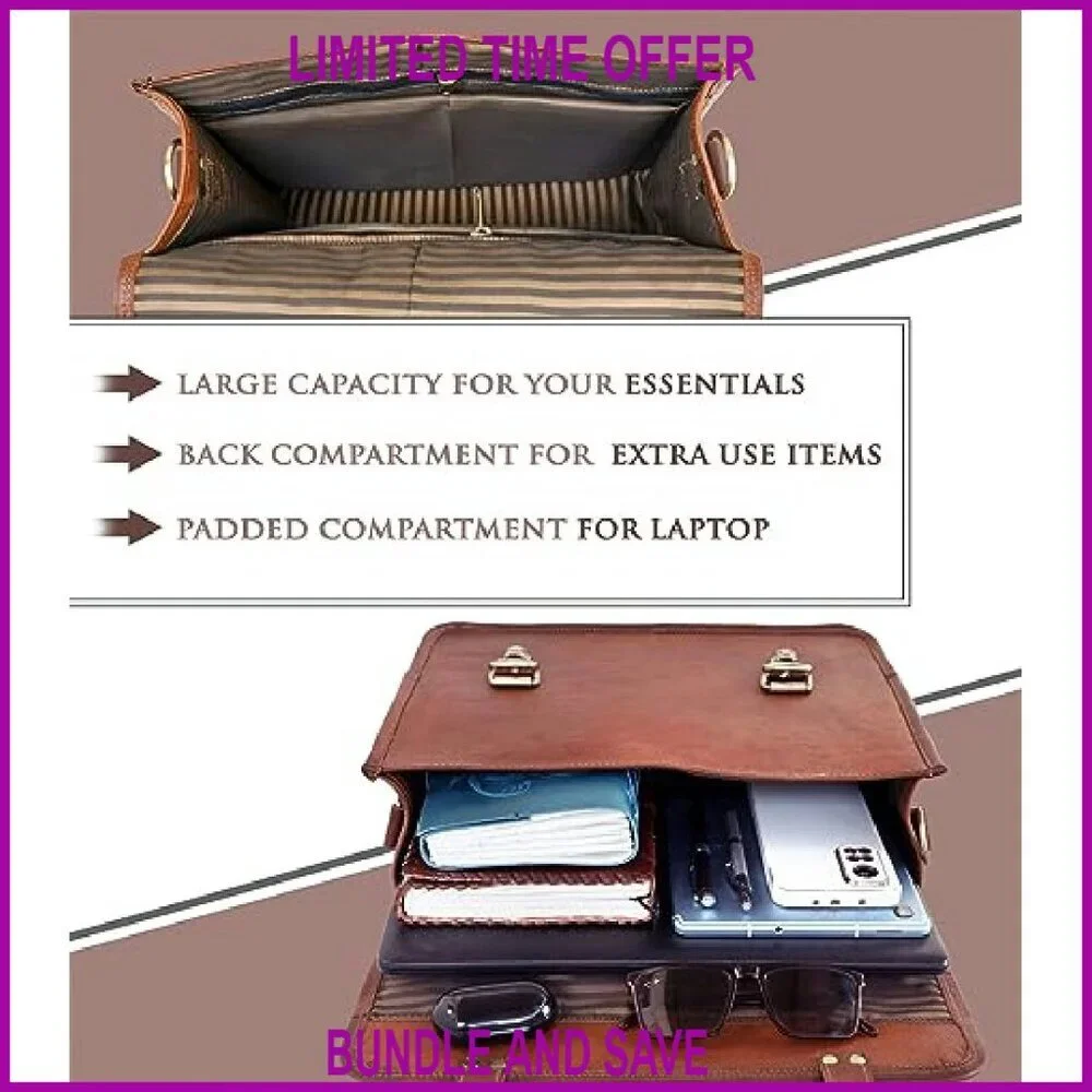 14 Inch Genuine Leather Messenger Bag Laptop Briefcase Adjustable Strap